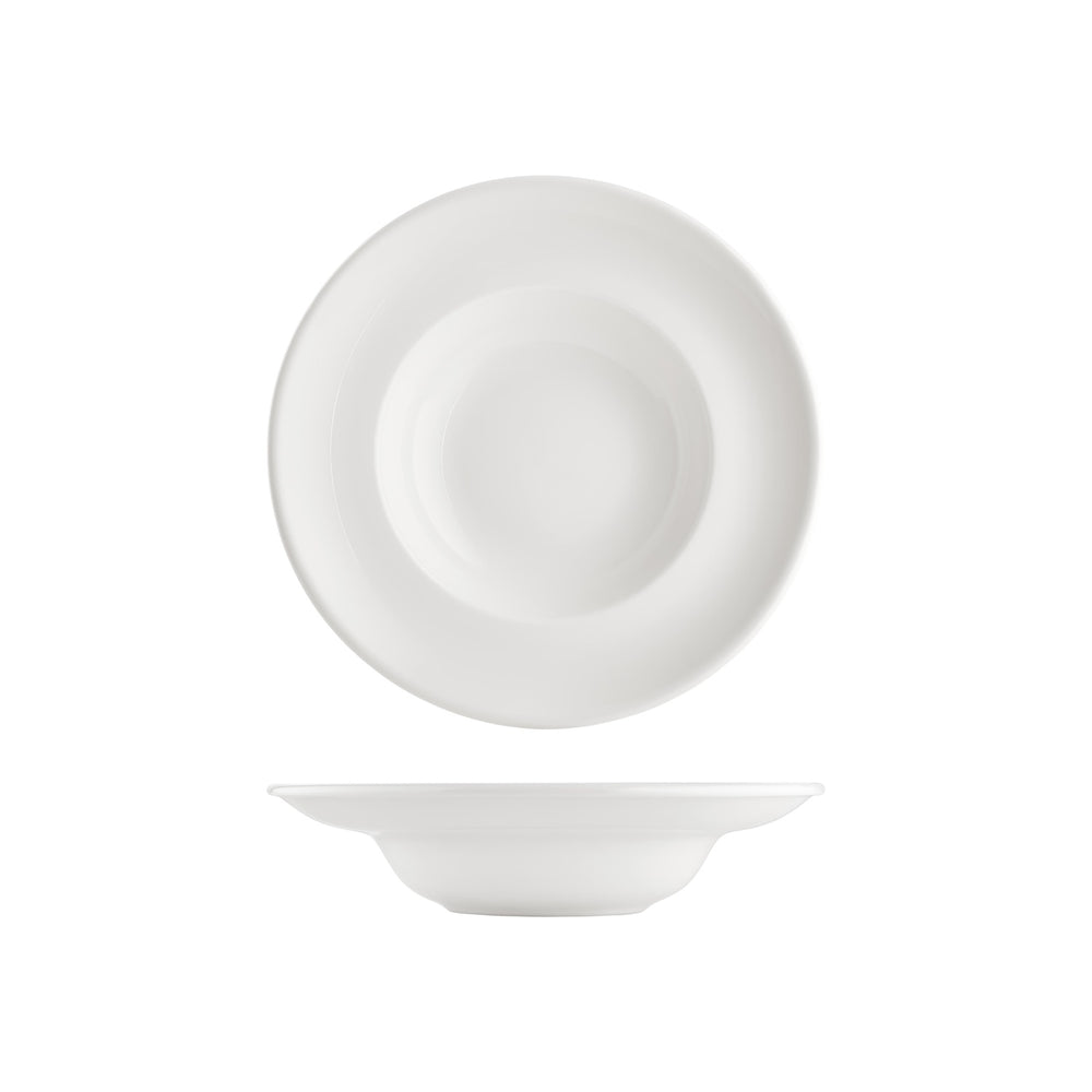 Gourmet dia.10.75" h:2.5" 17 oz. Round Warm White Vitrified Deep Plate