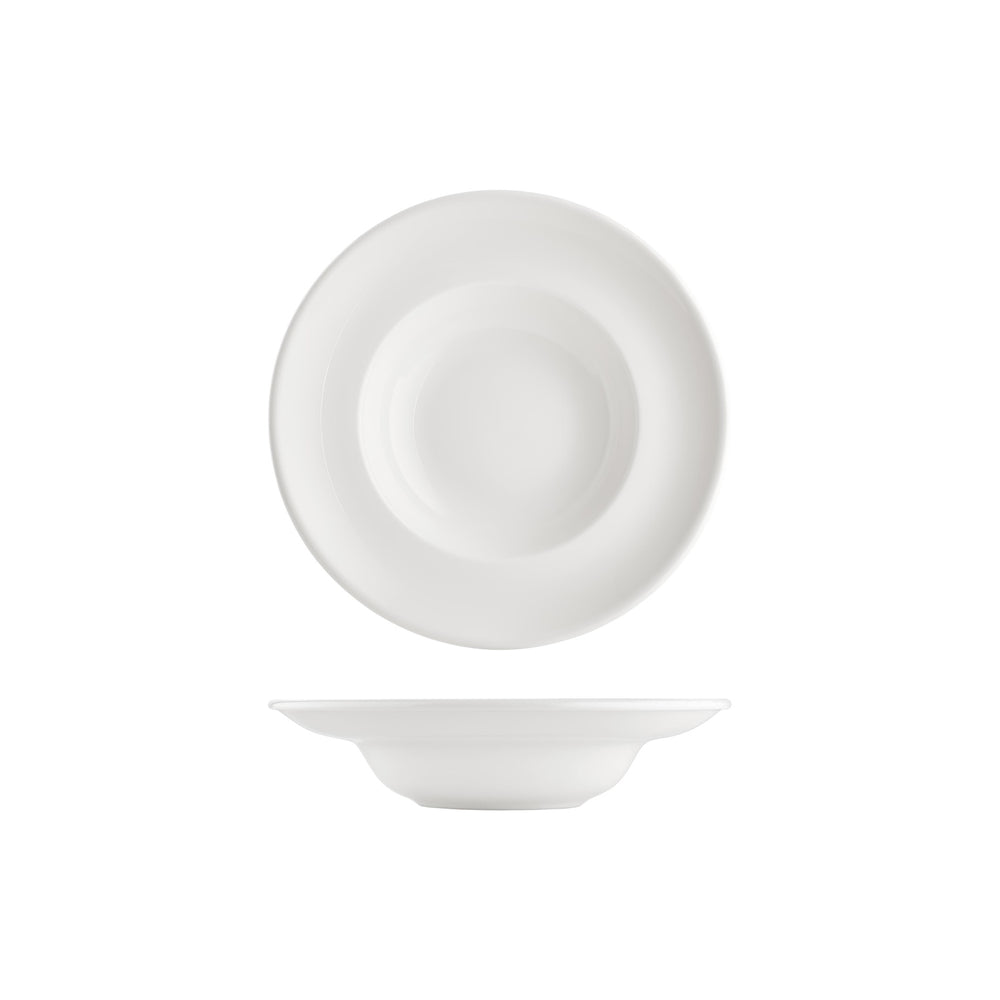 Gourmet dia.9.75" h:0" 14 oz. Round Warm White Vitrified Deep Plate